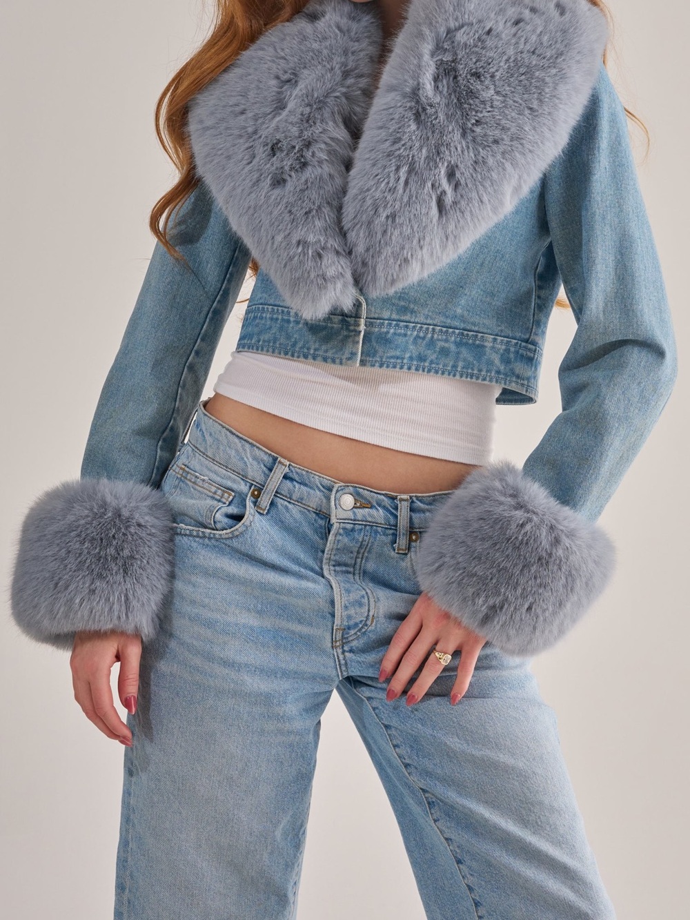 Azalea Wang Gisele Denim Faux Fur Jacket Crop Jacket XL